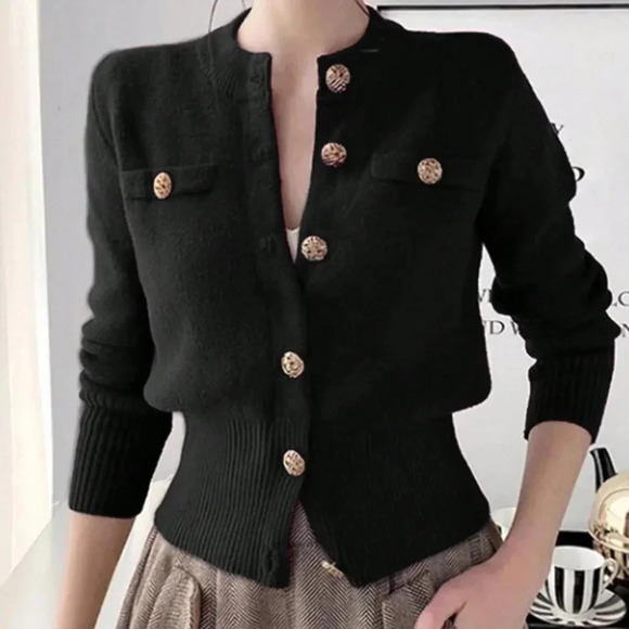 Black Casual Women's Long Sleeve Knit Ribbed Button Round Neck Cardigan - Picture 1 of 5